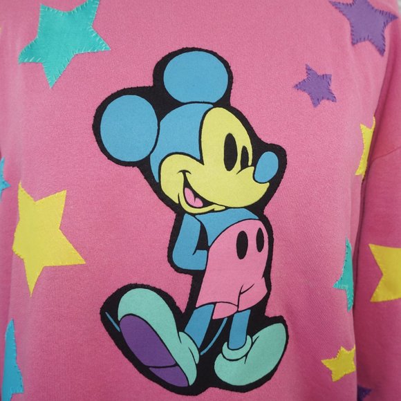 Vintage 90s Reworked Disney Mickey Mouse Star Applique Patch Pullover Sweatshirt - Picture 2 of 8